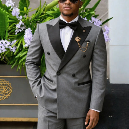 Men Suit Black 2 Piece Double Button With Bright Lapel For Wedding Groom Birthday Party Banquet Business Work Suit Jacket Pants