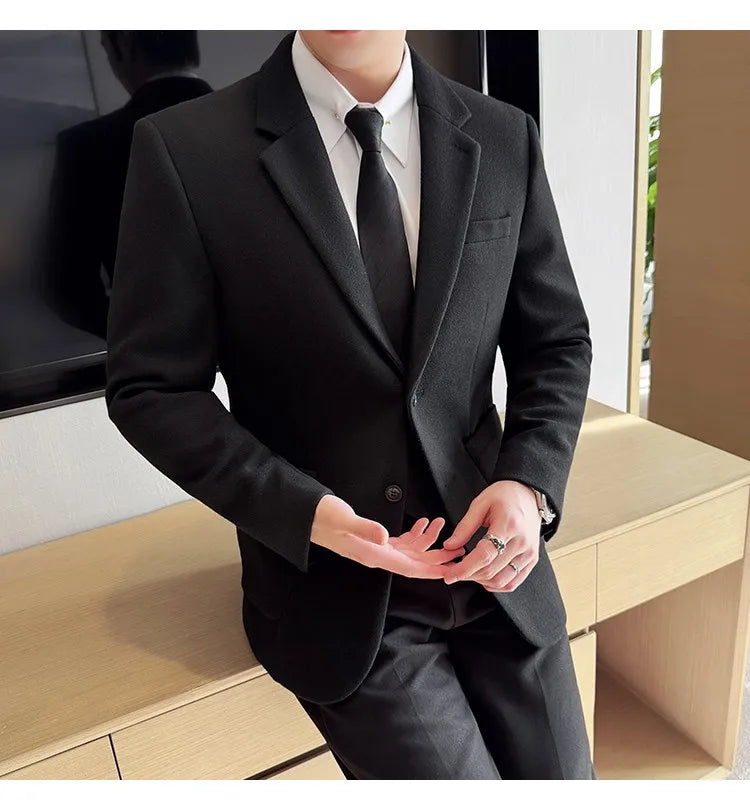 High Qualitys Thickened Wool Suit Jacket Autumn Winter New Luxury Solid Color Formal Men Business Slim Fit Social Party Tuxedo