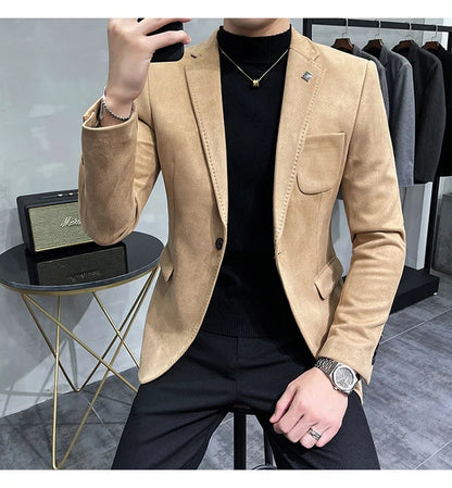 2023 Spring Suede Suit Jacket Men Casual Business Slim Fit Blazer Deerskin Leather Jacket Men Wedding Street Wear Social Coat