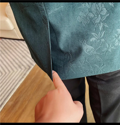 2025 Spring Trendy Jacquard Suit Jacket Men Stand Up Collar Casual Blazers Slim Wedding Business Streetwear Social Dress Coats