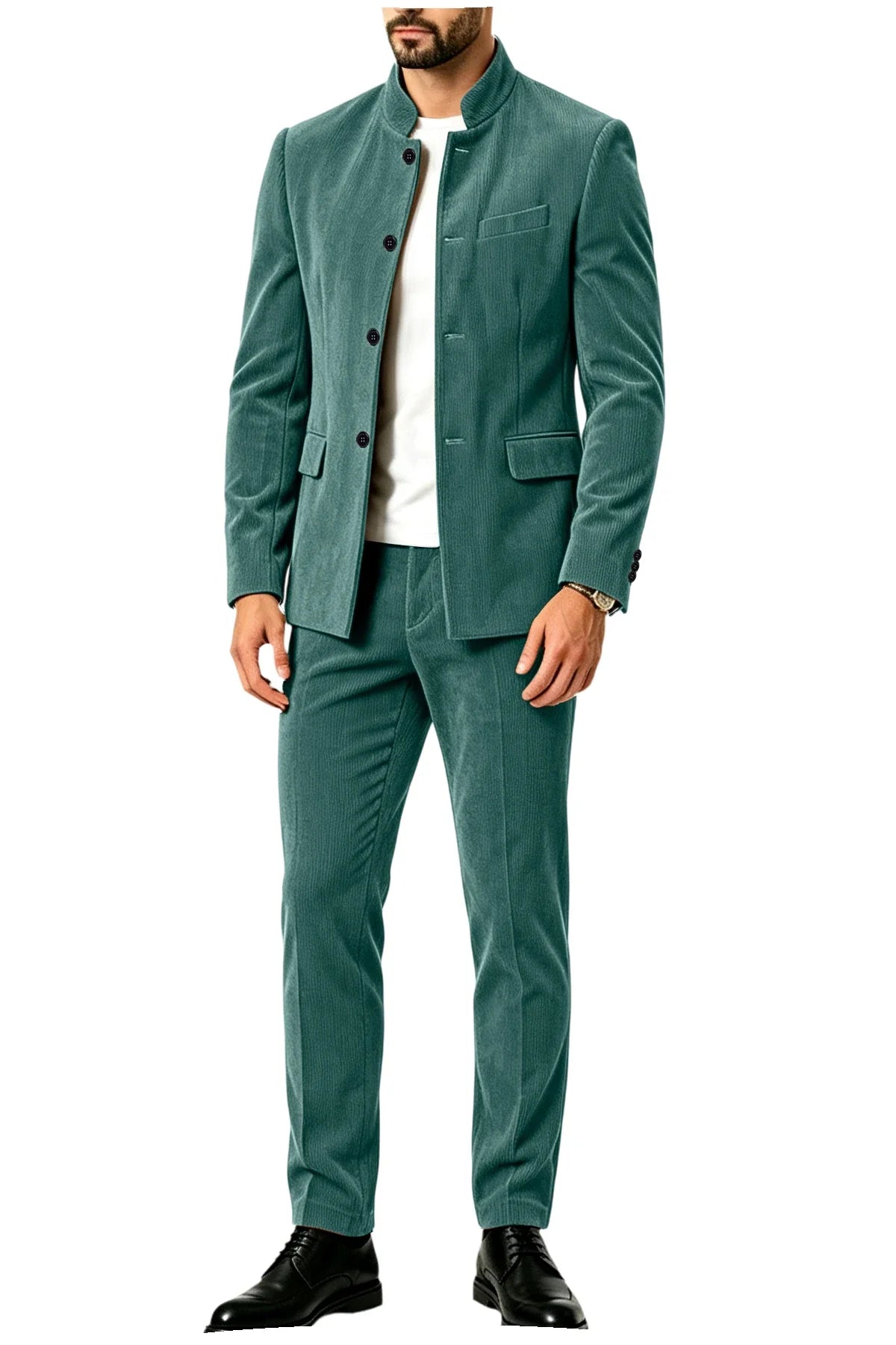 Men's Corduroy 2-Piece Suit – Mandarin Collar Single Breasted Blazer & Pants for Business & Formal Occasions