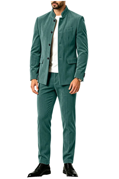 Men's Corduroy 2-Piece Suit – Mandarin Collar Single Breasted Blazer & Pants for Business & Formal Occasions