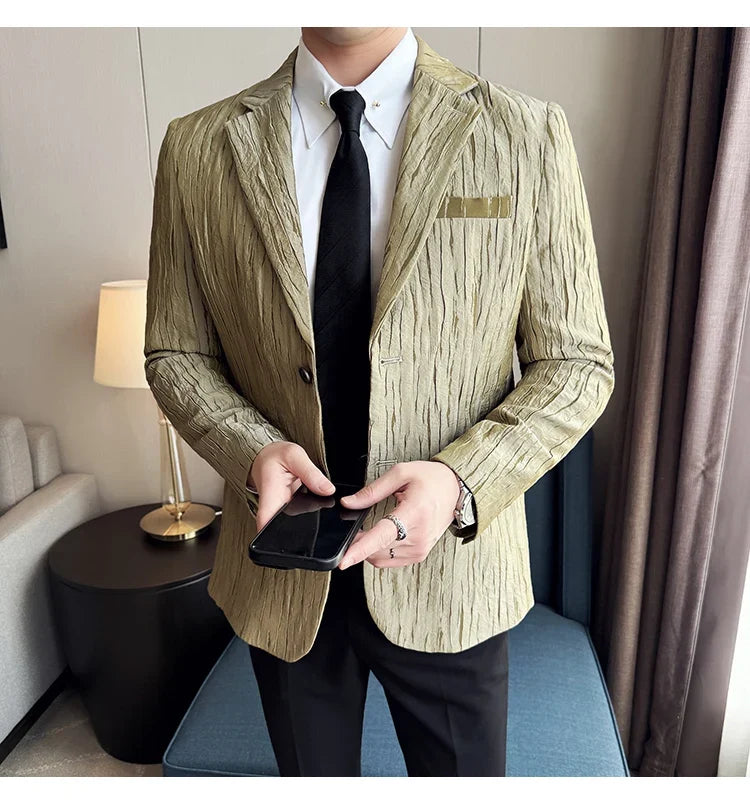 Korean Trend 3D Pleated Suit Jacket for Men Wedding Groom Business Dress Jacket Casual Banquet Party Host Blazer Masculino