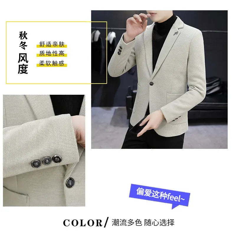Blazer: An Outdoor Fashion Business Gentleman Pure Color Wedding Host Slim-fit Casual Korean-style Versatile Men Fleece Blazer