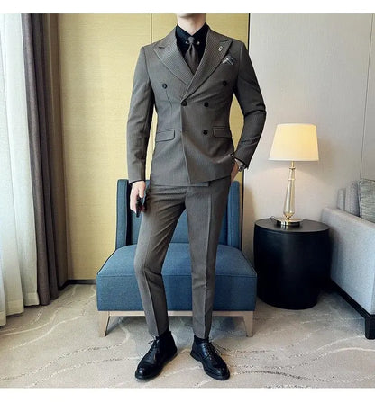 Korean Slim Fitt Wedding Suit Fashion Striped Double Breasted Suit 3 Piece Set Business Formal Casual Party Prom Host Suits