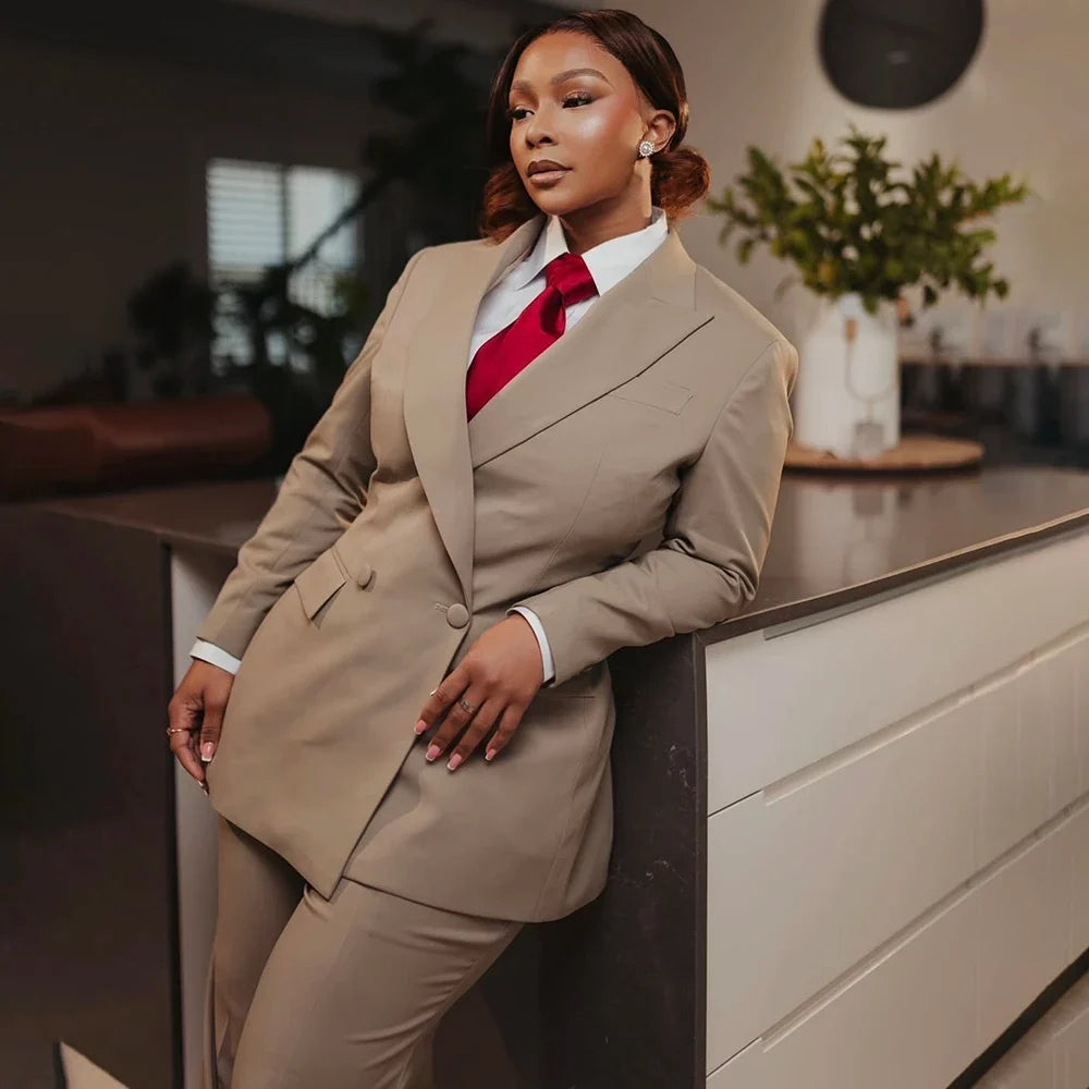 Timeless Classic Women Khaki Double Breasted Suit Set Office Business Powerful Jacket Pants Formal Evening Party Female Outfit