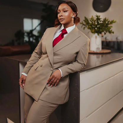 Timeless Classic Women Khaki Double Breasted Suit Set Office Business Powerful Jacket Pants Formal Evening Party Female Outfit