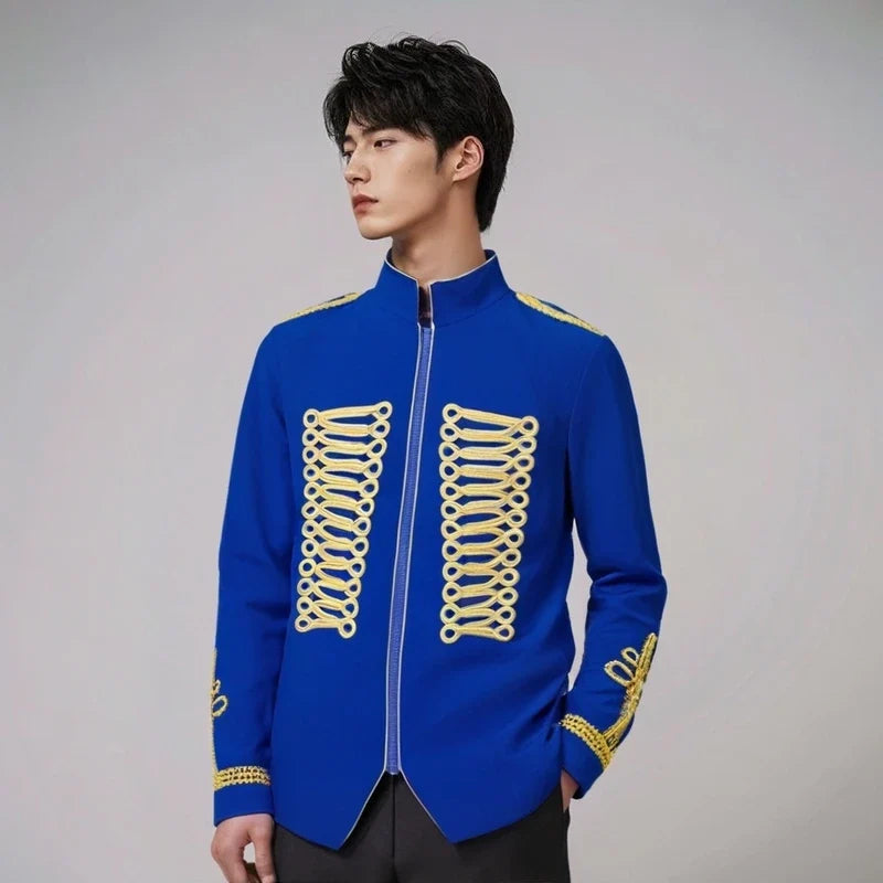 Men's European Style Stand Collar Zipper Blazer Golden Rope Detail Cosplay Middle Ages Tuxedo for Stage Performances And Parties