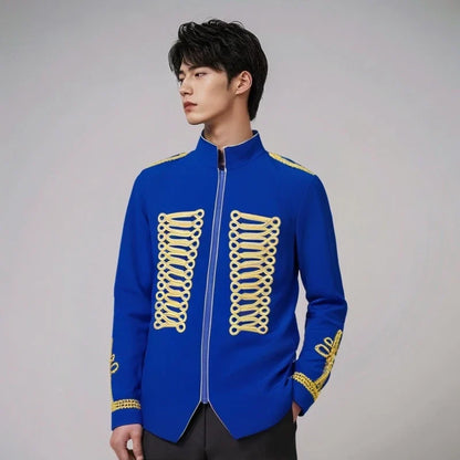 Men's European Style Stand Collar Zipper Blazer Golden Rope Detail Cosplay Middle Ages Tuxedo for Stage Performances And Parties