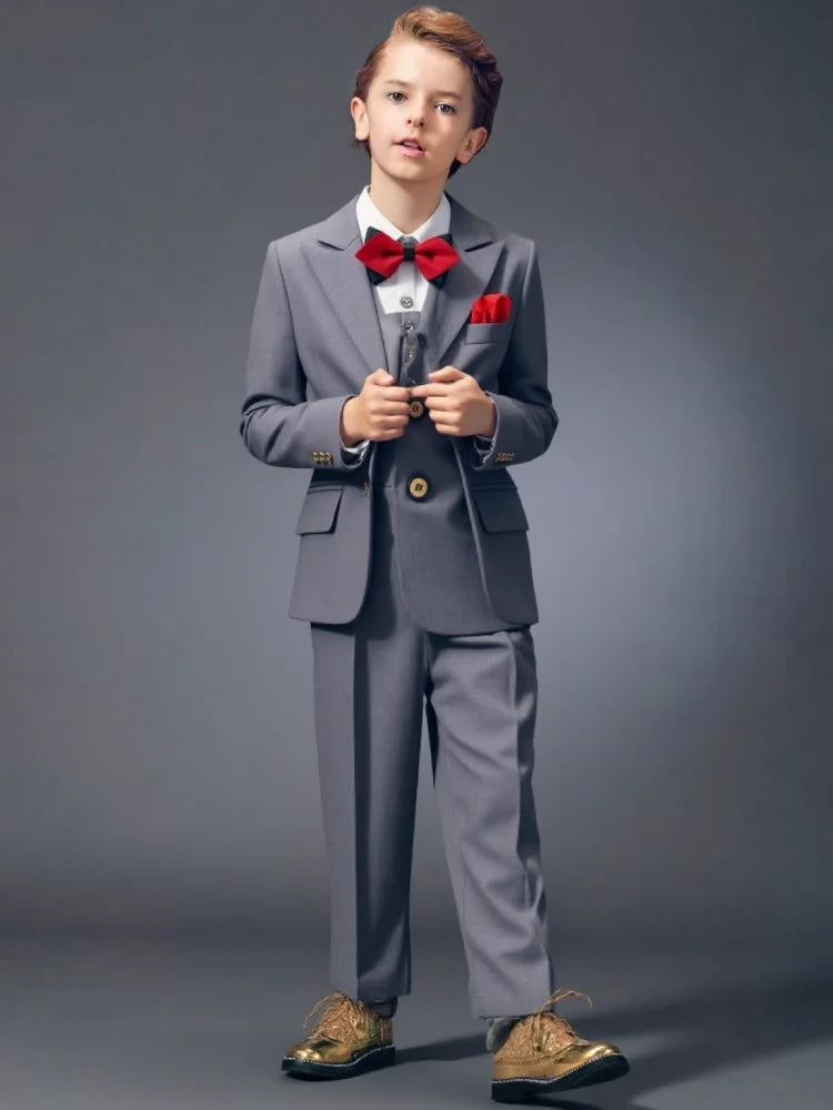 Boys Slim Fit Suit Set Kids Wedding Birthday Outfit Children's Performance Costume With Jacket Vest Pants Bowtie+Pocket Towel