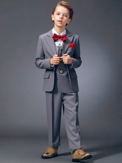 Boys Slim Fit Suit Set Kids Wedding Birthday Outfit Children's Performance Costume With Jacket Vest Pants Bowtie+Pocket Towel