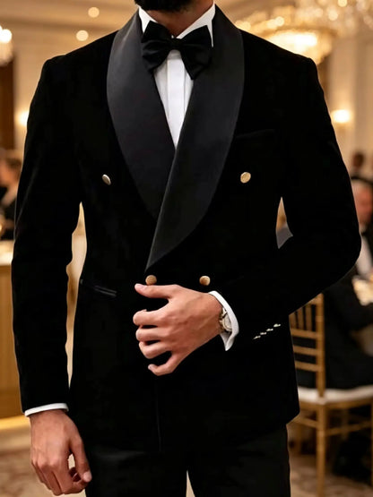 2 Pieces Black Velvet Suits for Men Shawl Lapel Double Breasted Blazer Pants Wedding Groom Tuxedos Men Outfits for Party Prom