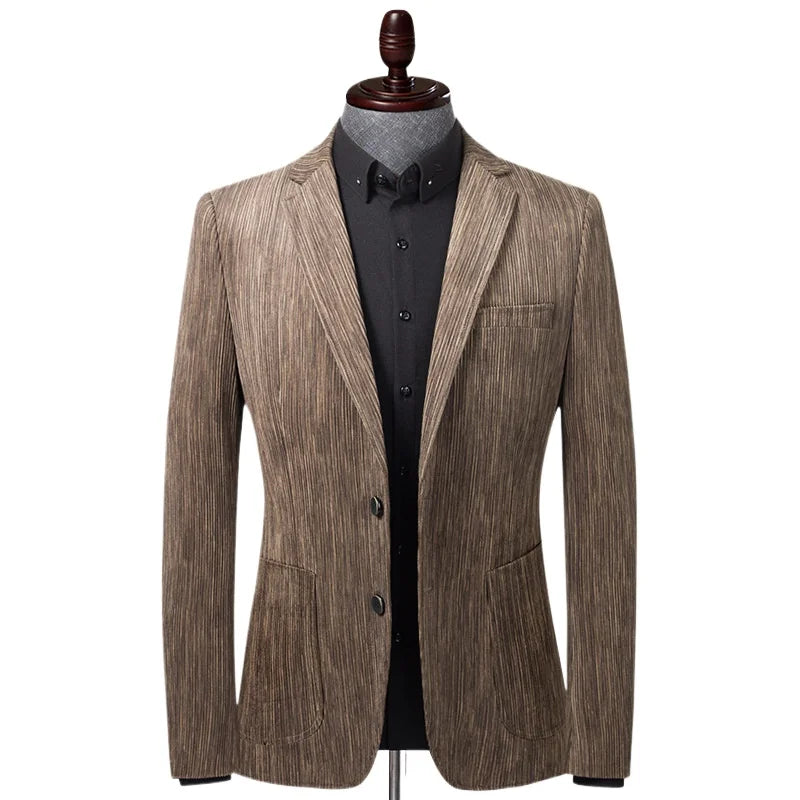 KIDWHXR Suit Coat Man Vintage Striped Single-breasted Male Blazer British Style Long Sleeve Pocket Slim Casual Men Outerwear
