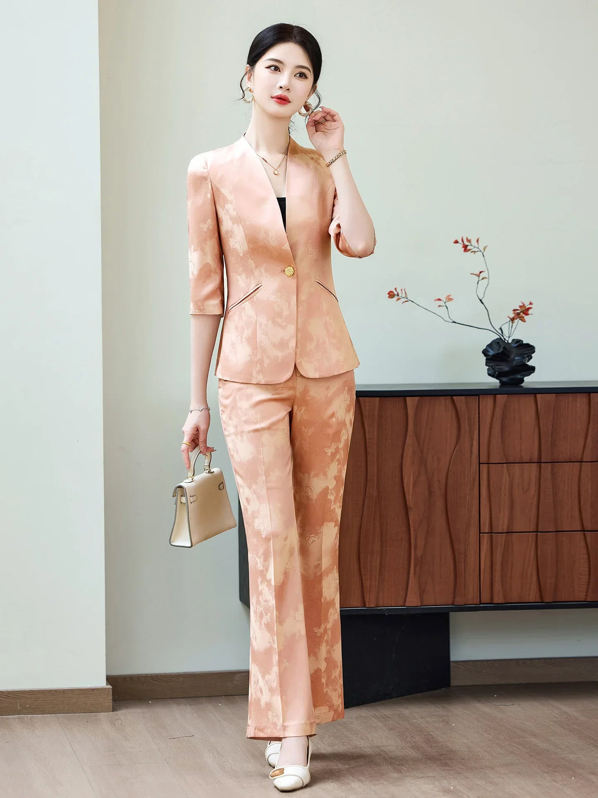 Fashion Office Ladies Blazer and Pants Suit Formal V Neck Half Sleeve Women Jacket Trouser Women Business Work Wear 2 Piece Set