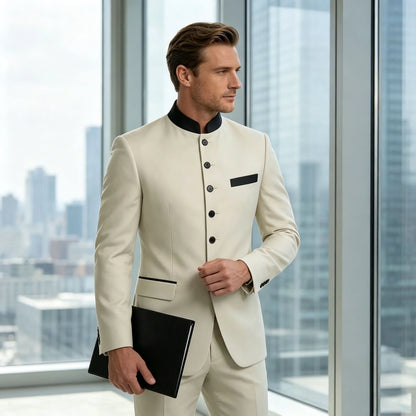 Men's 2-Piece Serge Suit Mandarin Collar Slim Fit Formal Set for Weddings and Business