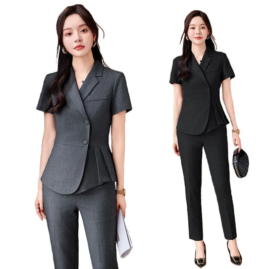 Summer High Quality Fabric Short Sleeve Professional Women Business Suit with Pants and Jackets Coat Pantsuits Blazers Skirt Set