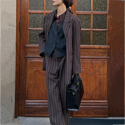 Professional Women 3 Piece Suit Contrast Loose Blazer Vest Pants Notched Lapel Vintage Formal Office Business Lady Set Outfit