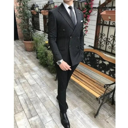 New Black Striped Men's Suit Slim Fit Business Peak Lapel Double Breasted Jacket Pants Wedding Party Prom Suits Set of 2 Piece