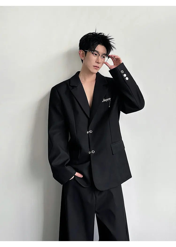Spring Fashion Metal Buckle Decorate Solid Color Blazer Coat Men's Elegant Temperament Luxury Casual Male Clothes JY6115