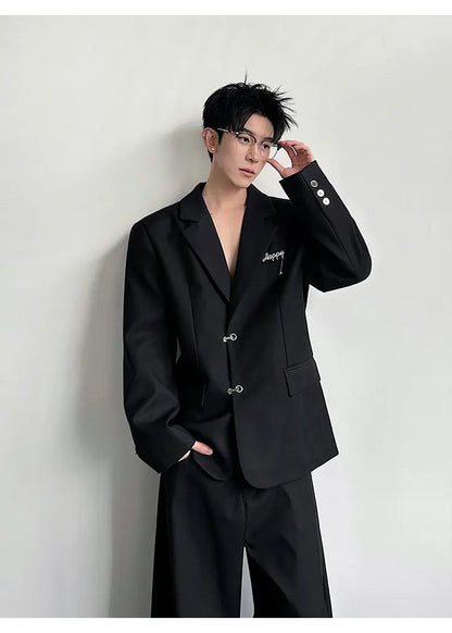 Spring Fashion Metal Buckle Decorate Solid Color Blazer Coat Men's Elegant Temperament Luxury Casual Male Clothes JY6115