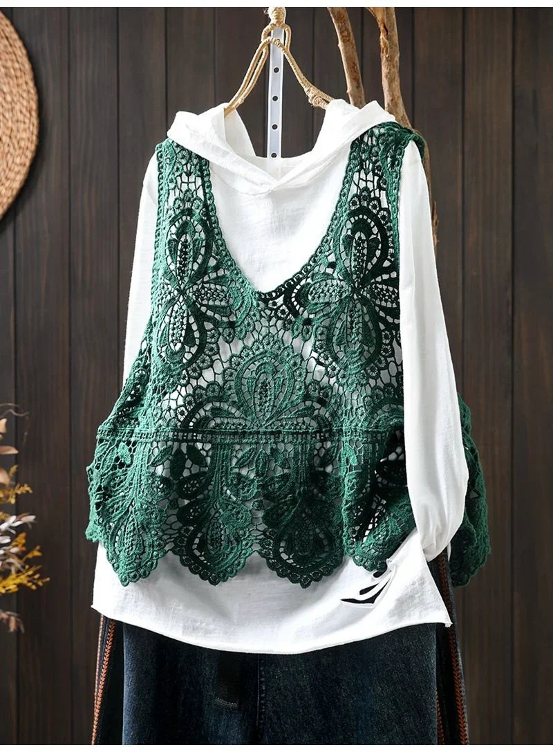Summer Femme Lace Cotton Lined Vest Spring Women Fashion Knitted Crochet Sleeveless French Lady Hollow-out Sweater Waistcoat Top