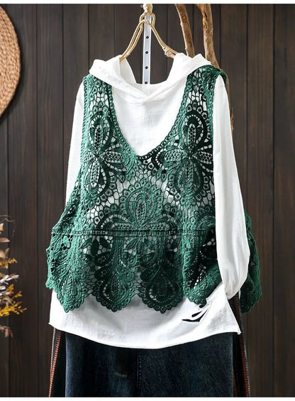 Summer Femme Lace Cotton Lined Vest Spring Women Fashion Knitted Crochet Sleeveless French Lady Hollow-out Sweater Waistcoat Top