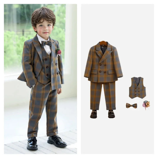 Kids Yellow Plaid Suit Set Boys 5Pieces Formal Wedding Outfit With Jacket Vest Pants Bowtie Brooch Children's Birthday Blazer