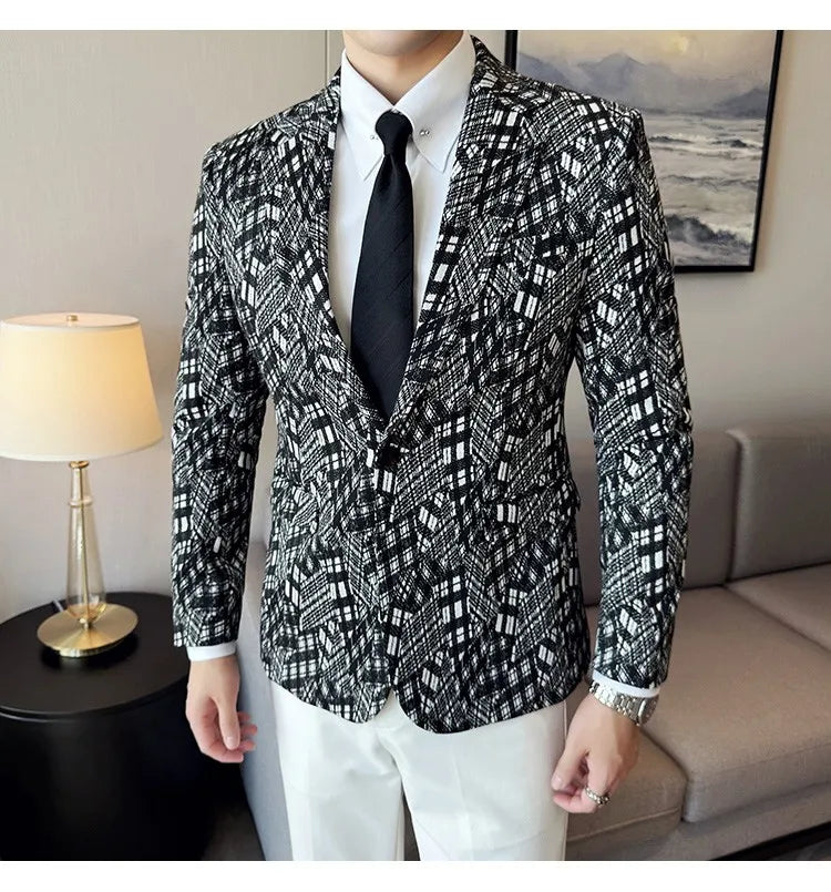 Korean Slim Fit Casual Suit Jacket for Men Fashion Camouflage Business Social Blazers Wedding Streetwear Dress Coat Men Clothing