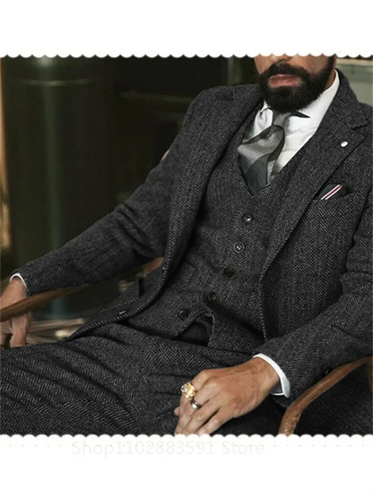 Costume de mariage 3 pièces homme (Veste + Gilet + Pantalon) en tweed de laine gris - Motif chevrons, formel, pour marié