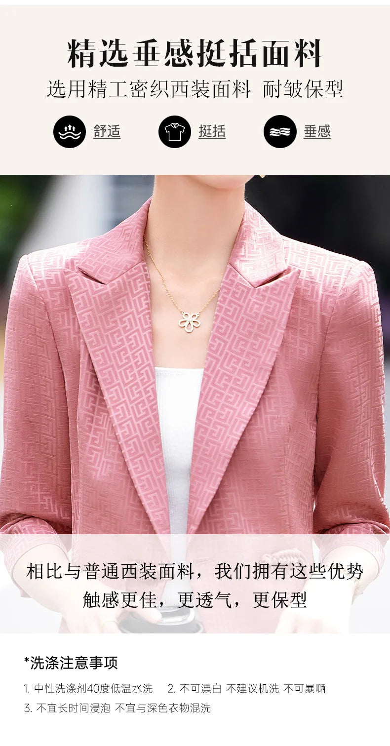 Chinese style Spring Summer Women Elegant Office Work Three Quarter Blazer Tops And Flare Pant Fashion Oversize Two Piece Suits
