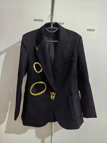 Women Blazer Elegant Fashion Metal Hollow Out Design Long Sleeve Loose Versatile Trendy Suit-Coat Spring Autumn New HK26606