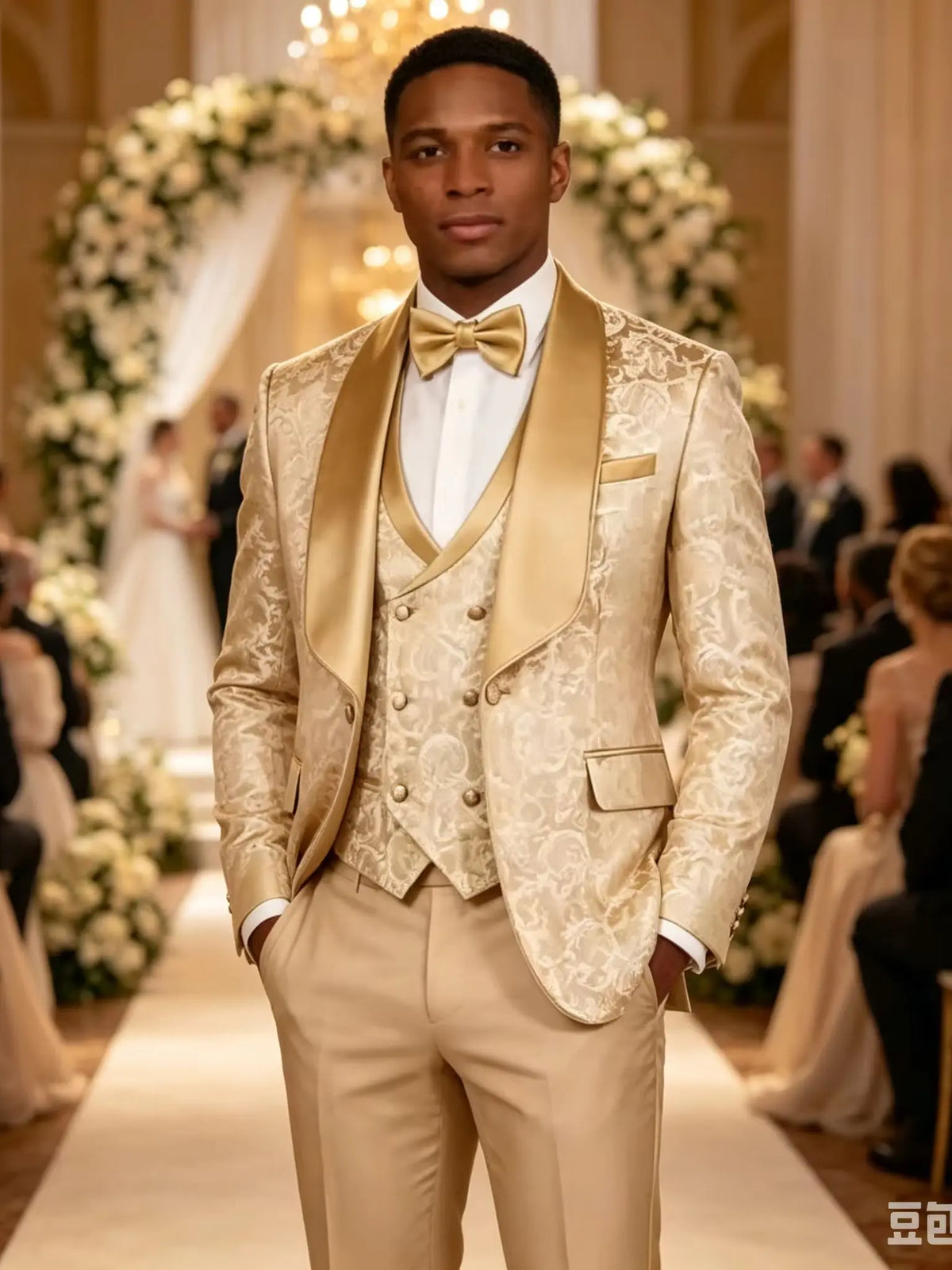 Elegant Champagne Jacquard 3-Piece Men's Tuxedo Formal Business Blazer with Shawl Lapel Wedding Groom Jacket Vest Pants Set