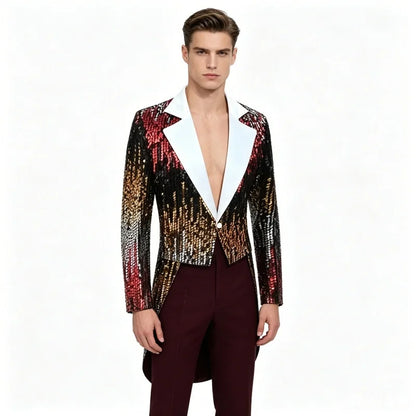 Men's Sequin Swallowtail Tailcoat Host Suit Jacket Long Party Coat Magician Stage Performance Chorus Evening Singer Black