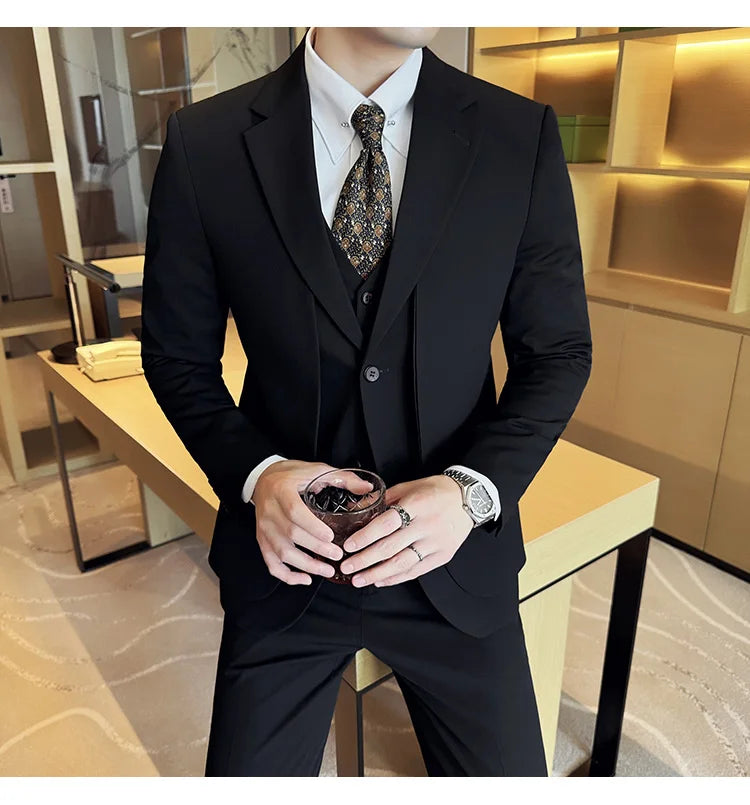 British Style Fake Two-piece Suit Set Men's Wedding Groom Dress 3 Piece Set Suit Vest Trousers Slim Office Business Casual Suits