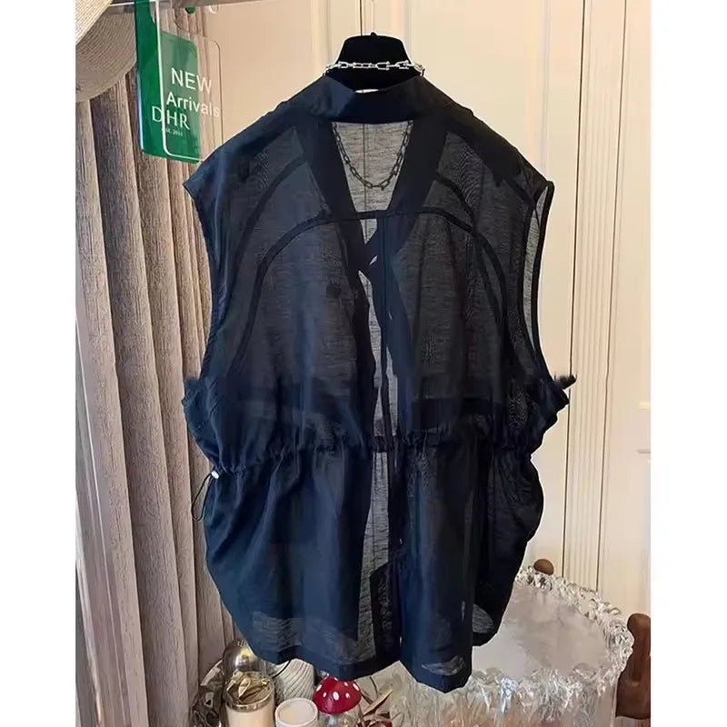 Summer Mid-Length Thin Vest Women Solid Casual V Neck Sleeveless Jackets 2025 Korean Loose Waistcoat Female Outwear