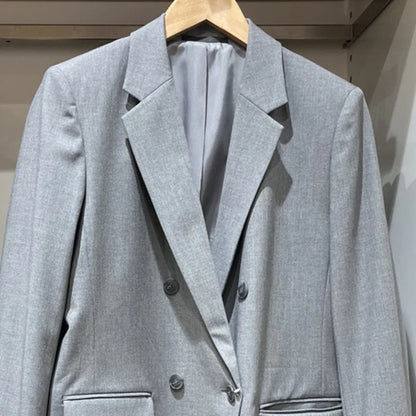 Spring Autumn New Women Blazer Notched Collar Double Breasted Pockets Elegant Fashion Office Lady Jacket Chic Coats HK13020