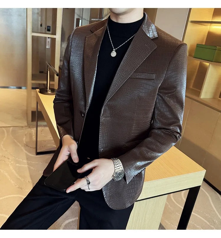2026 Crocodile Patterned Leather Suit Jacket Men Slim Fit Business Casual Leather Jacket Wedding Groom Party Work Men Blazers
