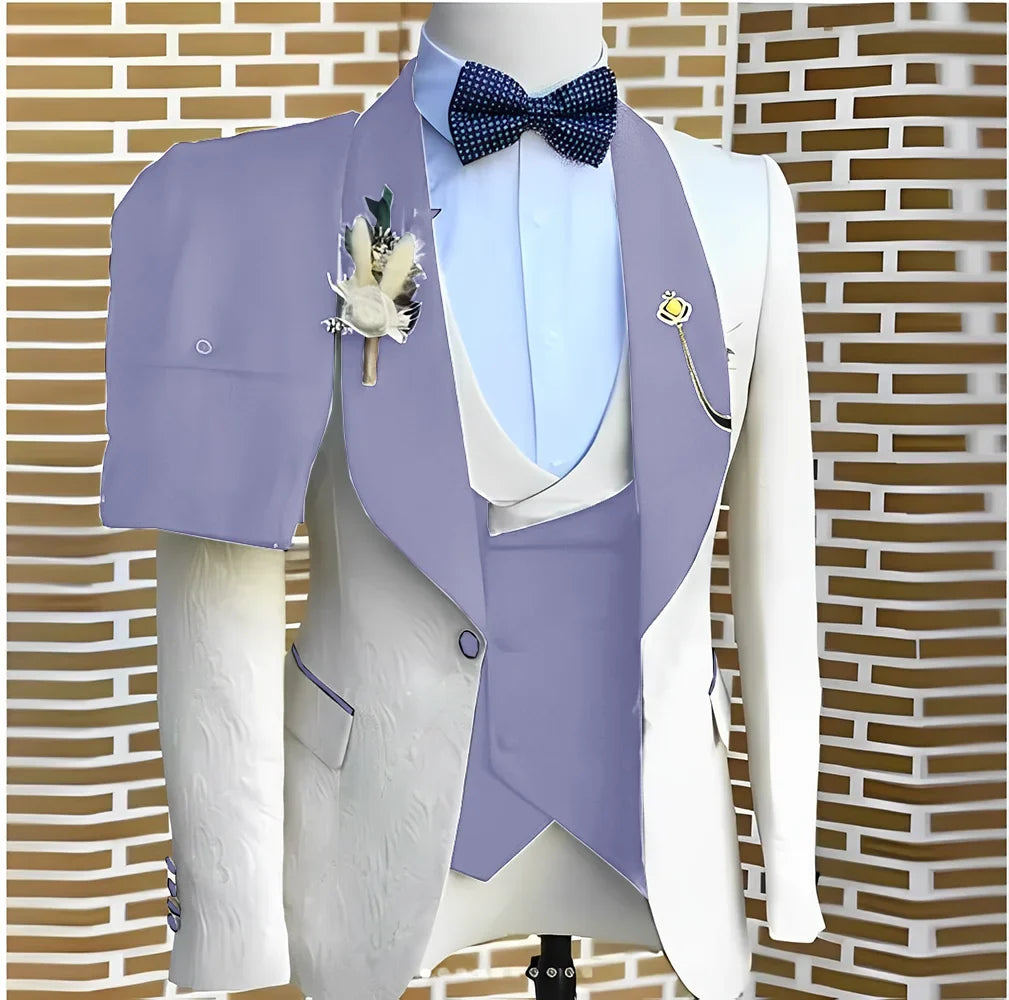 White Jacquard Elegant suits Men For Wedding Formal Jacket Vest Pants 3 Pieces Groomsman Tuxedos Tailored Male Fashion Clothing