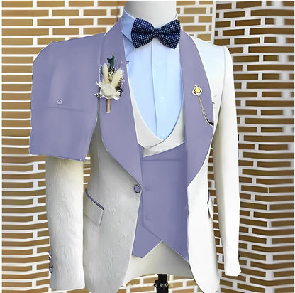 White Jacquard Elegant suits Men For Wedding Formal Jacket Vest Pants 3 Pieces Groomsman Tuxedos Tailored Male Fashion Clothing