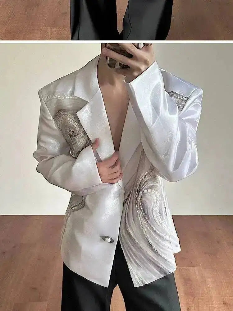 2026 New Original Luxury Temperament Sequin Gauze Patchwork Design Blazer Coat Men Elegant Handsome Casual Jacket JY7013