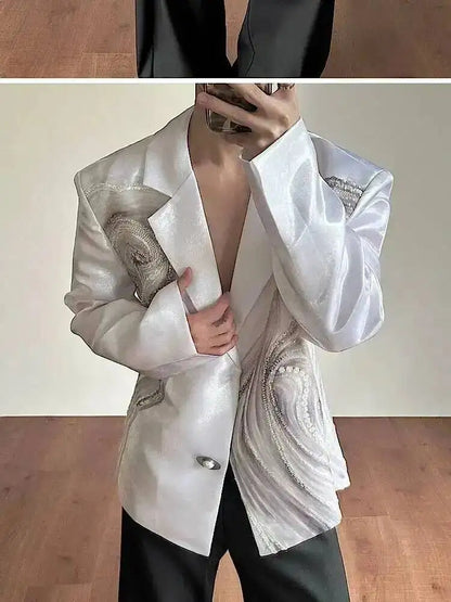 2026 New Original Luxury Temperament Sequin Gauze Patchwork Design Blazer Coat Men Elegant Handsome Casual Jacket JY7013