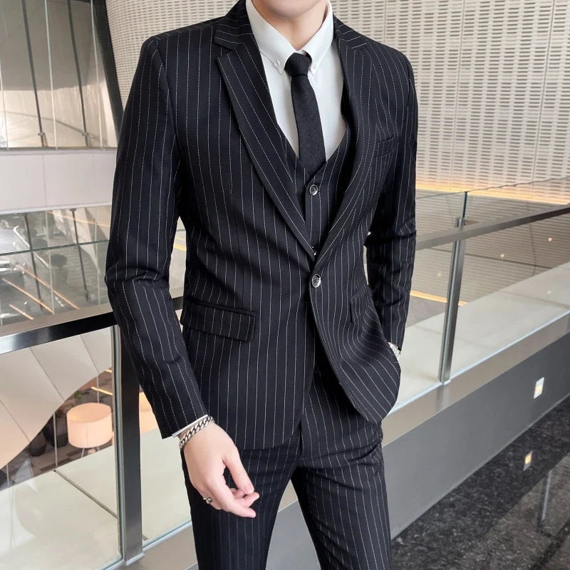 2024 Slim Fit Striped Three-Piece Business Suit Vest Trousers Set Korean Fashion Trend Handsome Wedding Outfit
