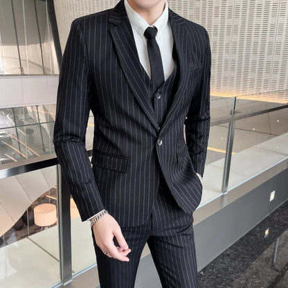 2024 Slim Fit Striped Three-Piece Business Suit Vest Trousers Set Korean Fashion Trend Handsome Wedding Outfit