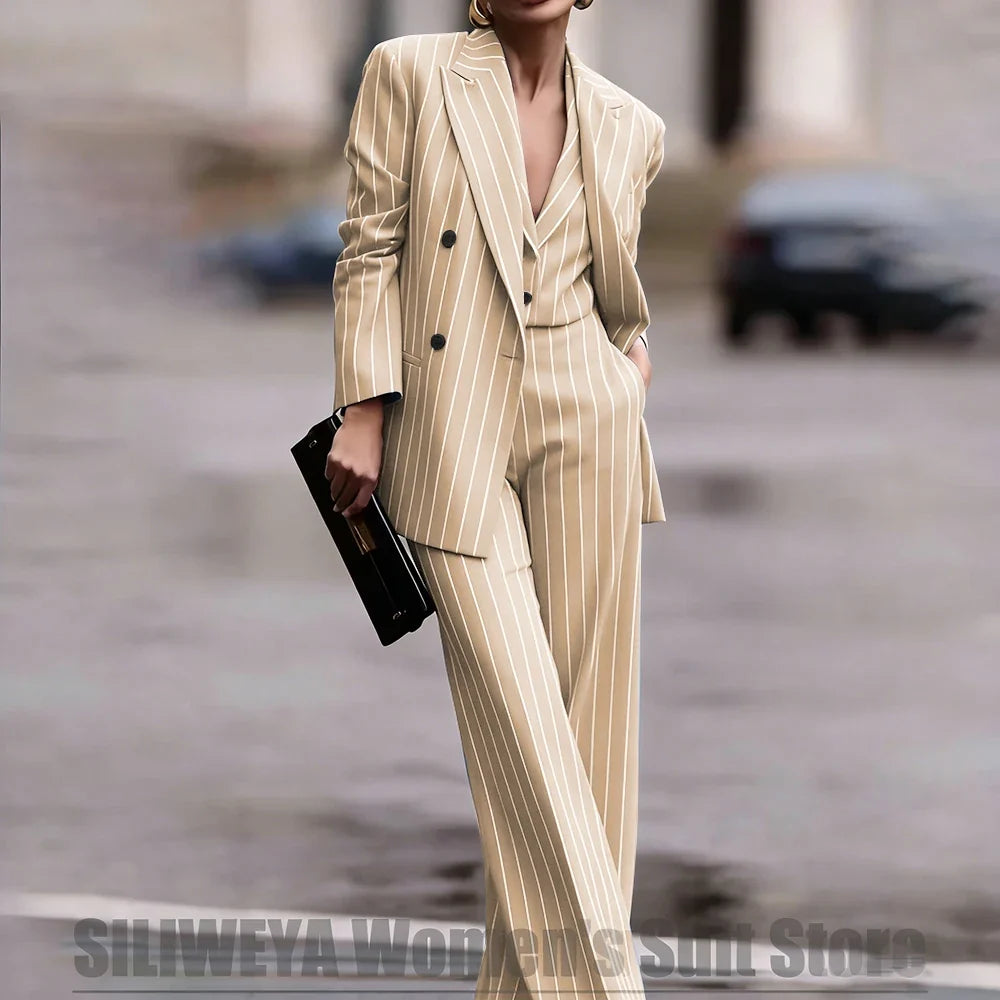 Navy Women's Striped 3 Piece Suit Double Breasted Blazer Vest Wide-Leg Pants Set Fashion Formal Party Office Casual Outfit