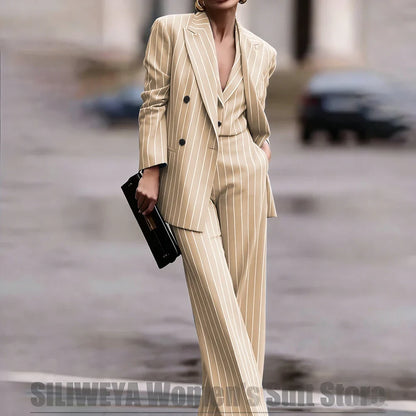 Navy Women's Striped 3 Piece Suit Double Breasted Blazer Vest Wide-Leg Pants Set Fashion Formal Party Office Casual Outfit