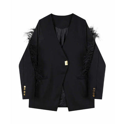 Women's Black Gothic Feather Patchwork Blazer Coat Vintage Harajuku Long Sleeve Suit Jacket Outerwear Top 2000s Clothes Autumn