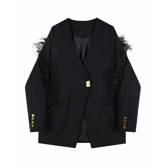 Women's Black Gothic Feather Patchwork Blazer Coat Vintage Harajuku Long Sleeve Suit Jacket Outerwear Top 2000s Clothes Autumn