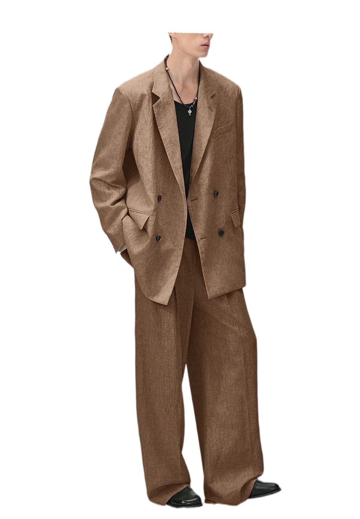 Men's Linen Double Breasted Suit – Slim Fit 2-Piece Blazer & Straight Leg Pants for Summer Weddings & Business