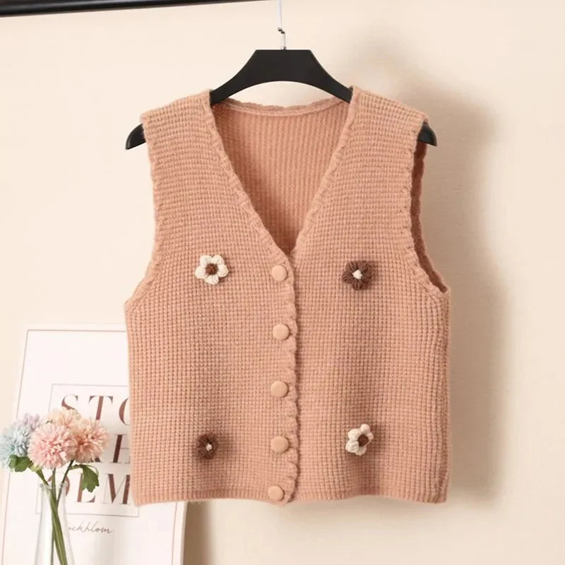 Women Knitted Tank Top Autumn New Sweet And Fresh Short Loose Sleeveless Sweater Cardigan Women's Knitted Vest
