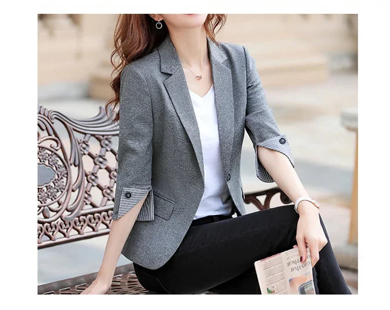 New Autumn Office Lady Solid Color Three Quarter Sleeve Blazer Women Casual One Button Formal Slim Fit Dress Suit Jacket Women